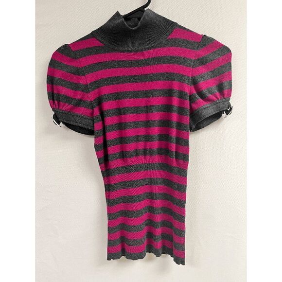 Express Womens Puff Sleeve Gray Pink Stripe Knit Rayon Blend Mock Neck sweater T - Picture 1 of 5